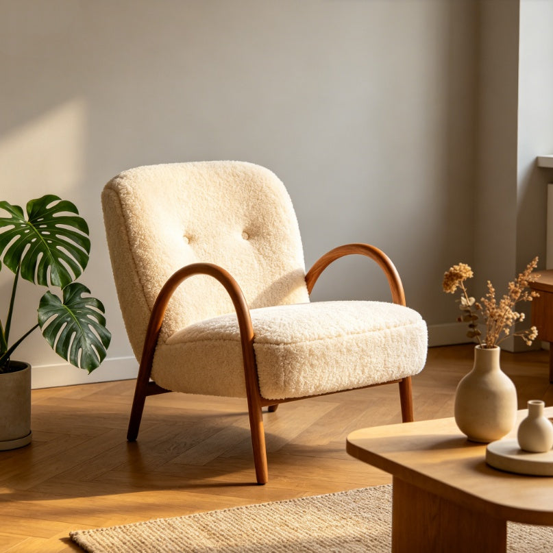 Mid-Century Cream Curved Sheepskin Accent Sofa
