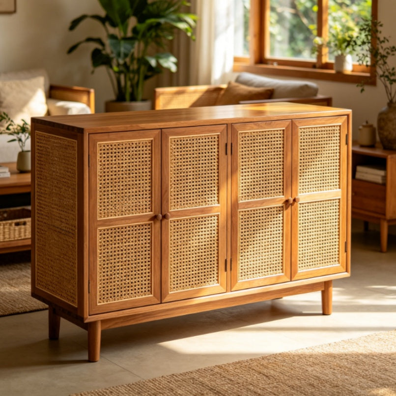 Nanyang Rattan Solid Wood 4-Door Storage Cabinet
