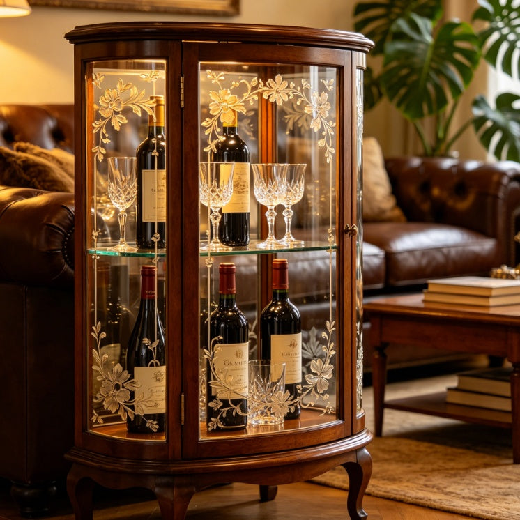 French Vintage Carved Glass Wine Display Cabinet