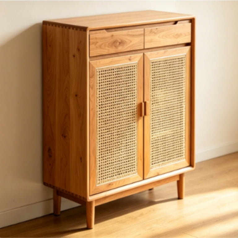 Wood & Rattan Entryway Shoe Cabinet