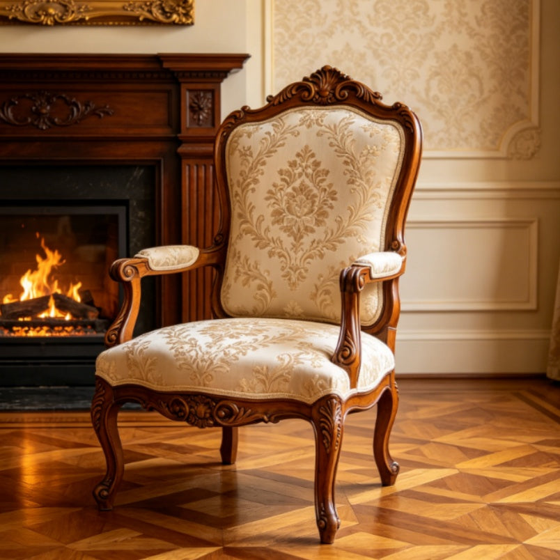 French Vintage Carved Fabric High Back Armchair